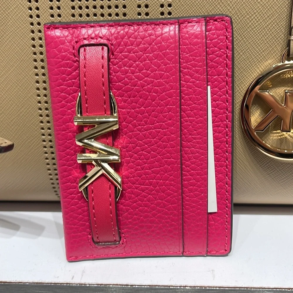 MICHAEL KORS Reed Large Pebbled Leather Card Holder Case Electric Pink  NWT